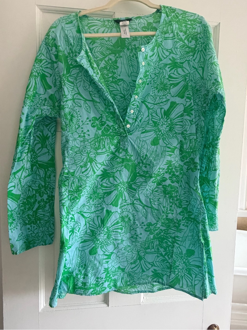J. Crew Green Floral Print Swim Coverup with Light Blue Background